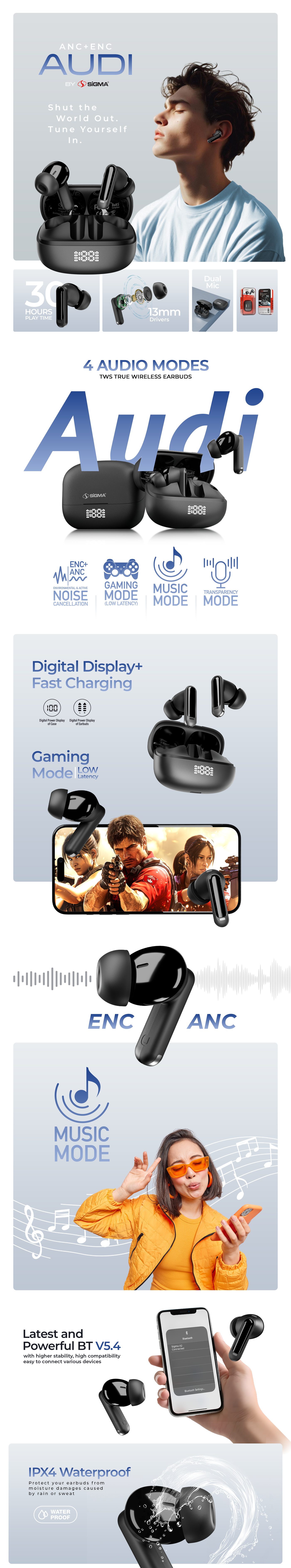 SiGMA Audi Wireless Earbuds A-2 ANC+ENC