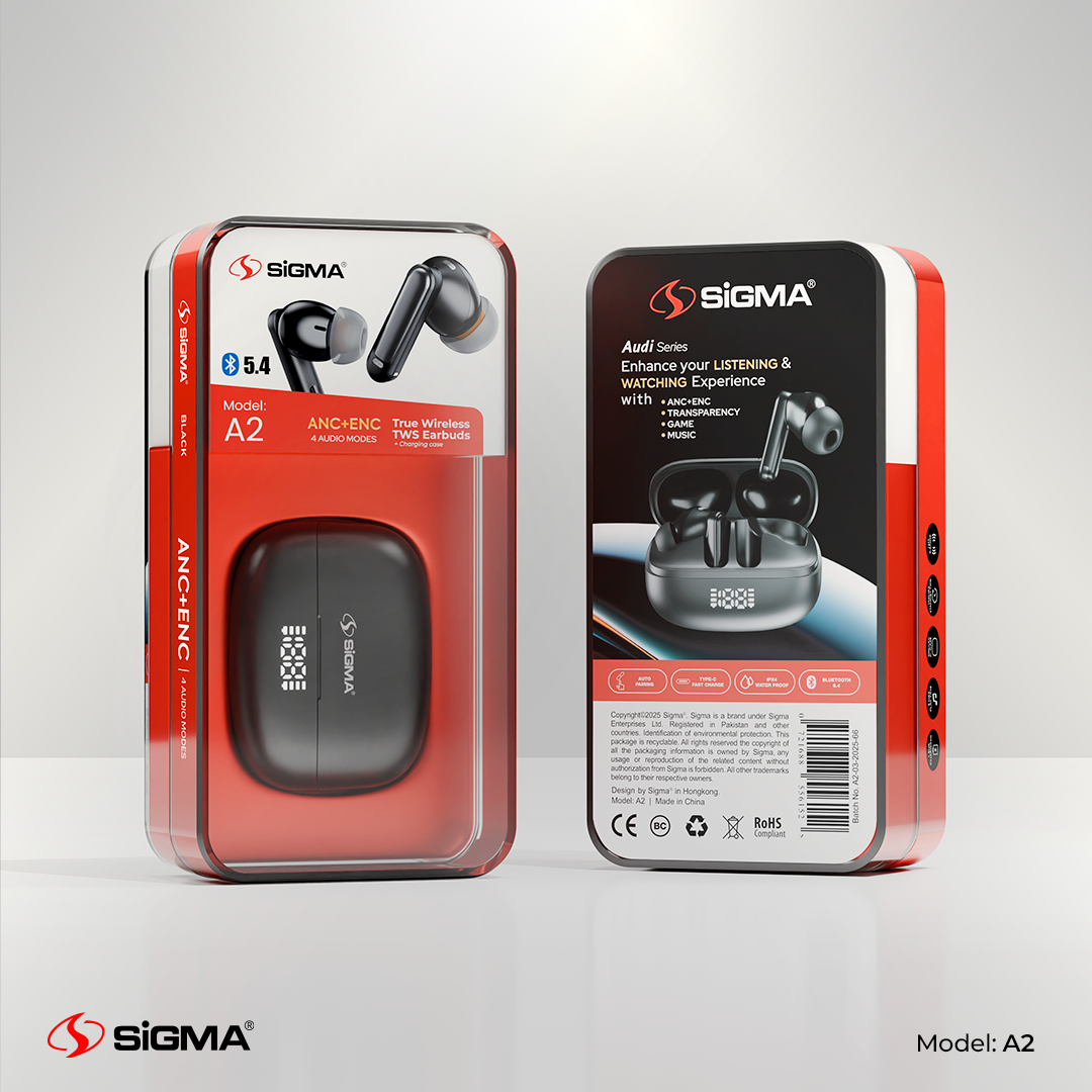 Sigma Audi A-2 Wireless Earbuds with Active Noise Cancellation, ENC calling, and low-latency gaming – premium ANC earbuds in Pakistan