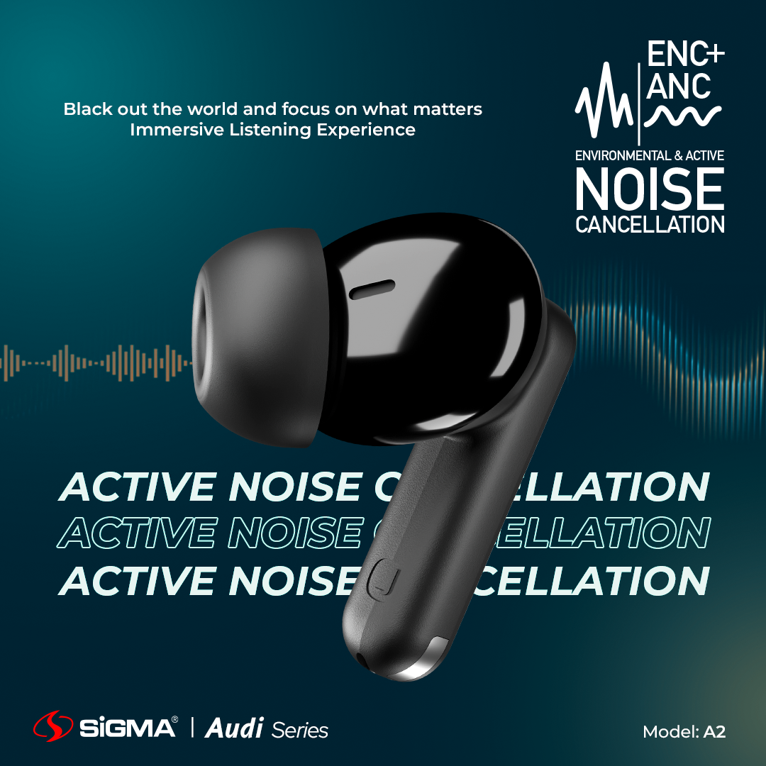 Sigma Audi A-2 Wireless Earbuds with Active Noise Cancellation, ENC calling, and low-latency gaming – premium ANC earbuds in Pakistan