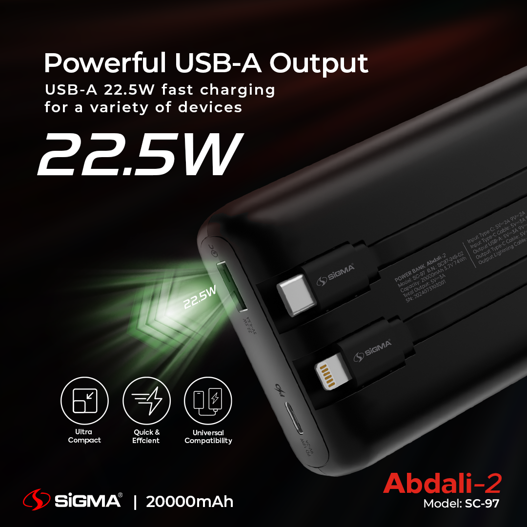 SiGMA ABDALI-2 Power Bank 20000mAh SC-97 | 22.5W Fast Charging, Dual Ports