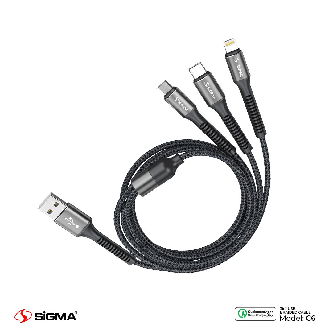 Sigma C6 3 in 1 multiple devices charging braided cable 3A
