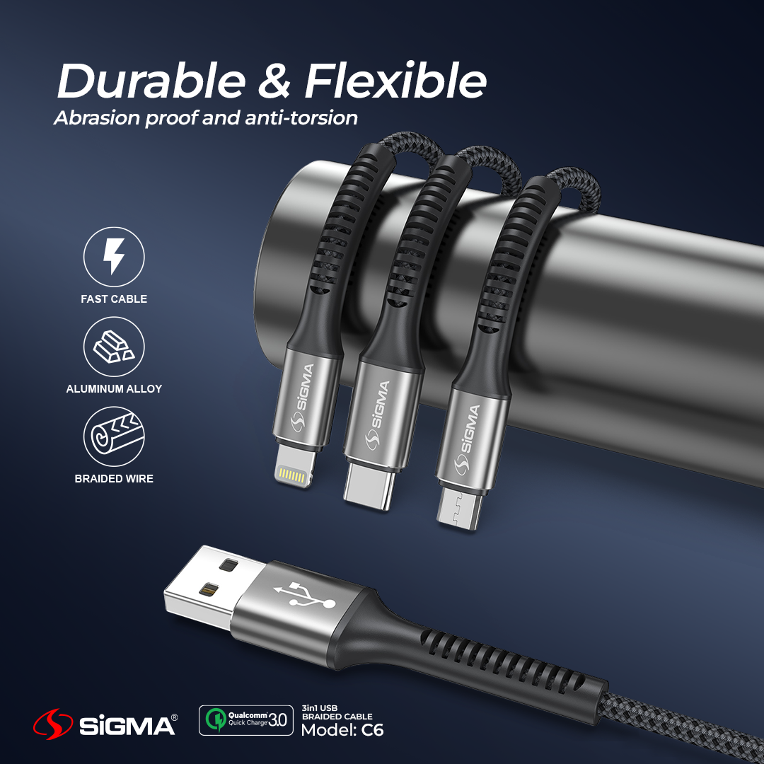 Sigma C6 3 in 1 multiple devices charging braided cable 3A
