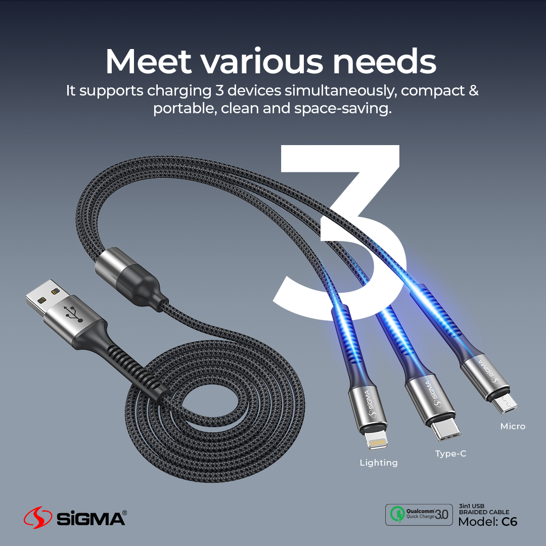 Sigma C6 3 in 1 multiple devices charging braided cable 3A