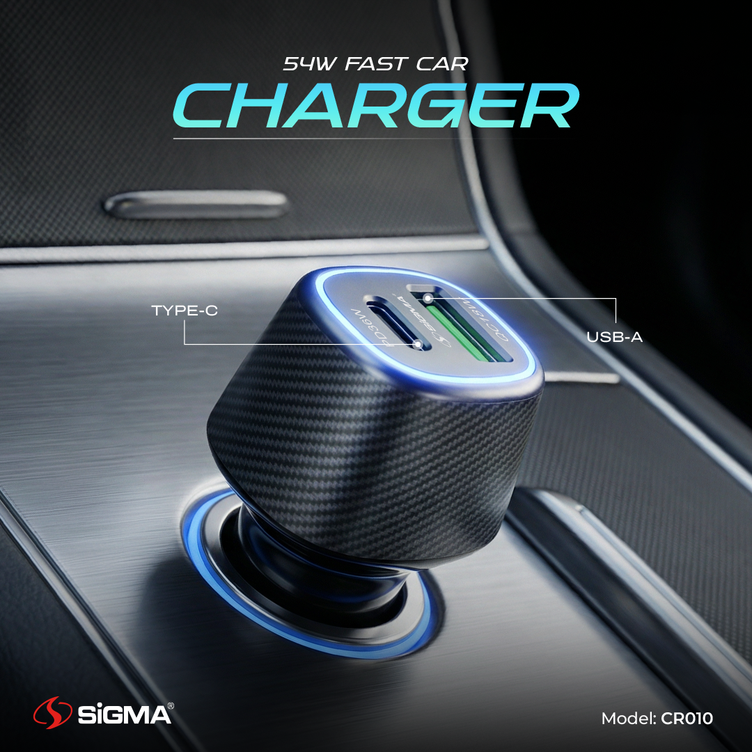 Sigma Type-C PD+QC Car Charger CR010 – 54W Dual Port Fast Charger