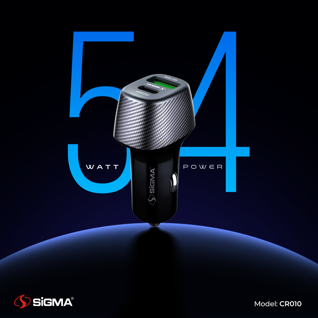 Sigma Type-C PD+QC Car Charger CR010 – 54W Dual Port Fast Charger