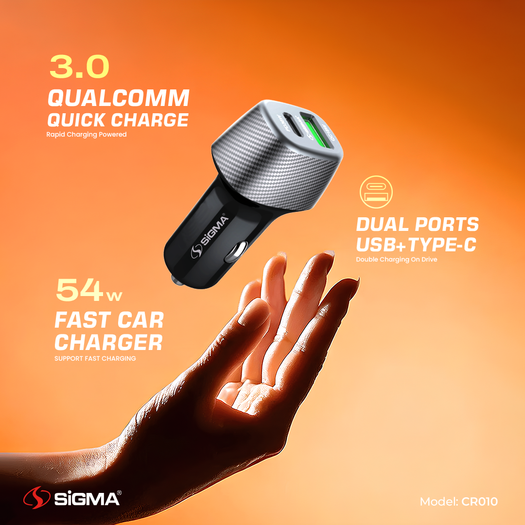 Sigma Type-C PD+QC Car Charger CR010 – 54W Dual Port Fast Charger