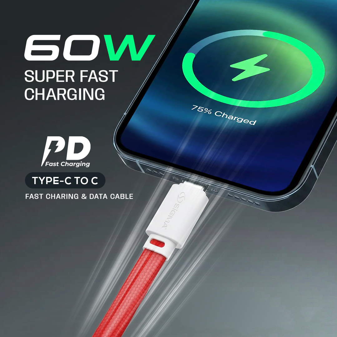 Sigma Type C to Type C Braided Cable delivers powerful 60W PD fast charging for phones, tablets & laptops. Tangle-free flat design, 1 meter. Buy Now!