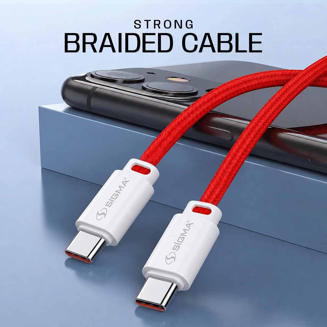 Sigma Type C to Type C Braided Cable delivers powerful 60W PD fast charging for phones, tablets & laptops. Tangle-free flat design, 1 meter. Buy Now!