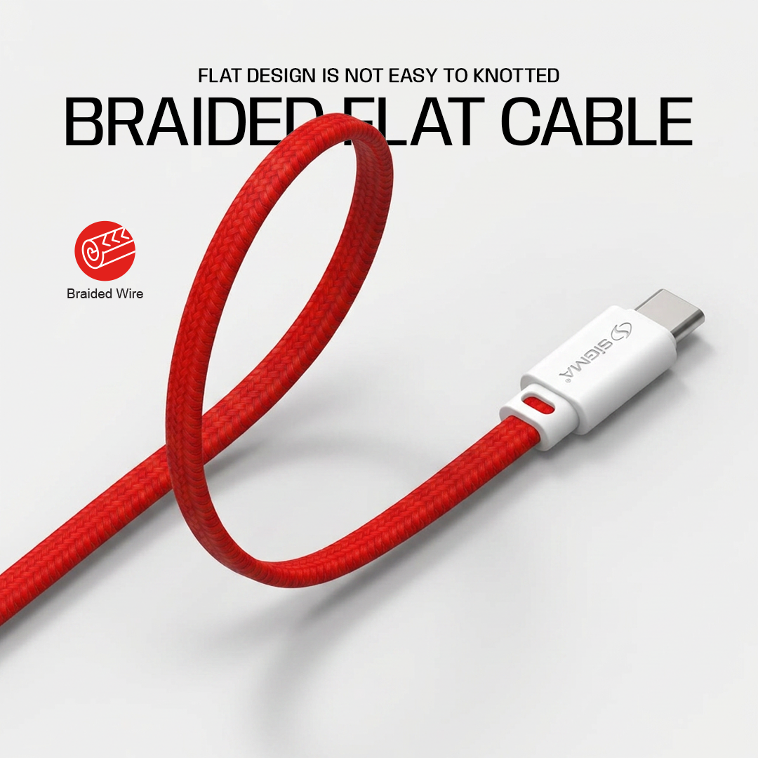 Sigma Type C to Type C Braided Cable delivers powerful 60W PD fast charging for phones, tablets & laptops. Tangle-free flat design, 1 meter. Buy Now!