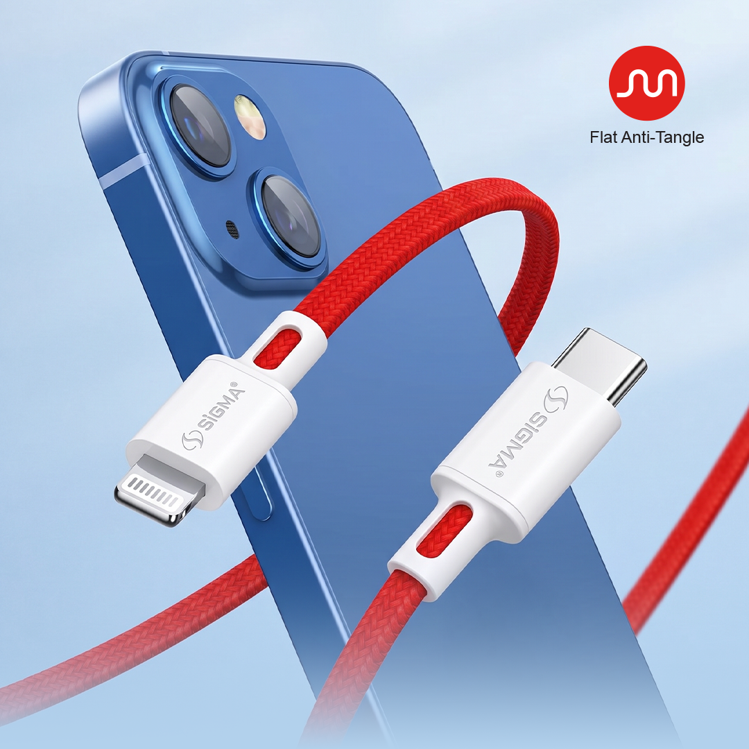 Sigma Type C to Lightning Braided Cable delivers fast 27W PD charging for iPhone & iPad from any USB-C source. Durable braided design. Buy Now!