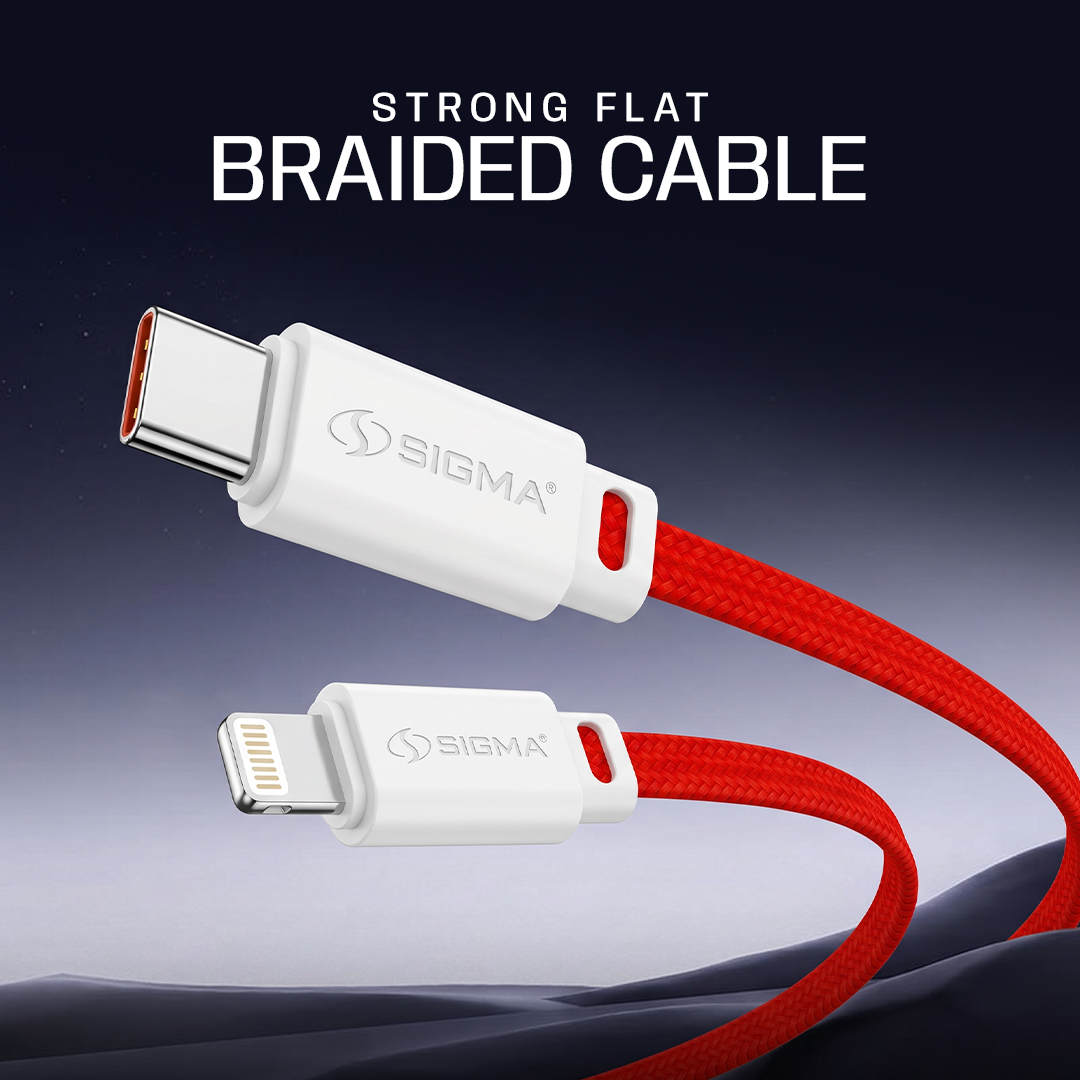 Sigma Type C to Lightning Braided Cable delivers fast 27W PD charging for iPhone & iPad from any USB-C source. Durable braided design. Buy Now!