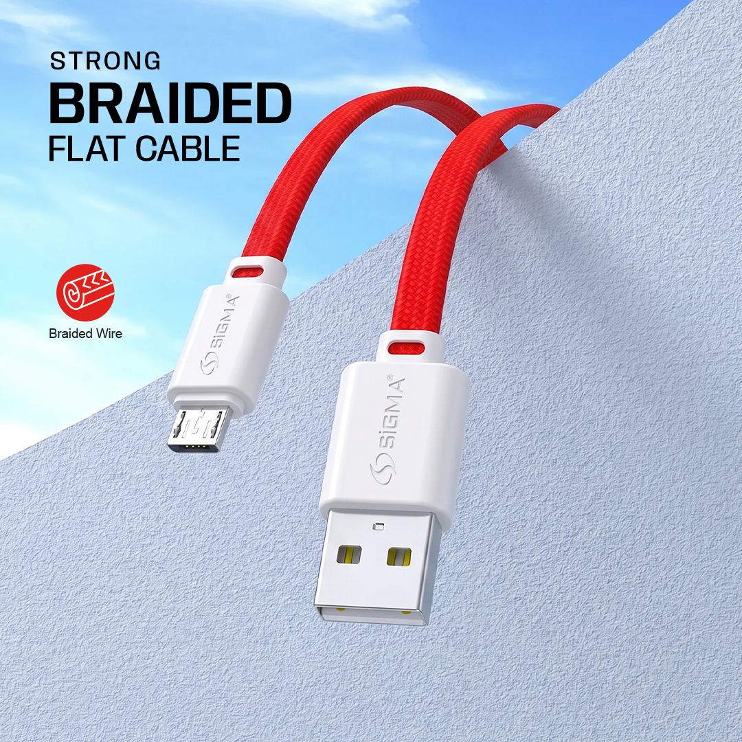 A braided flat USB-C to Micro-USB cable with a red woven body and white connector housings, shown on a textured light blue background with sky graphics and text reading 'STRONG BRAIDED FLAT CABLE' and the Sigma brand logo.