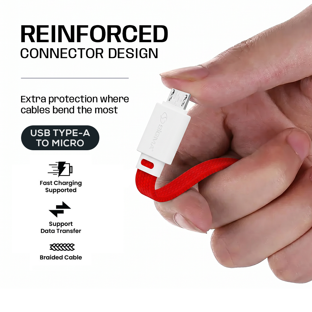 A hand holding a white USB Type-A to Micro USB connector with a red wrist strap, shown alongside marketing text about reinforced connector design and fast charging.