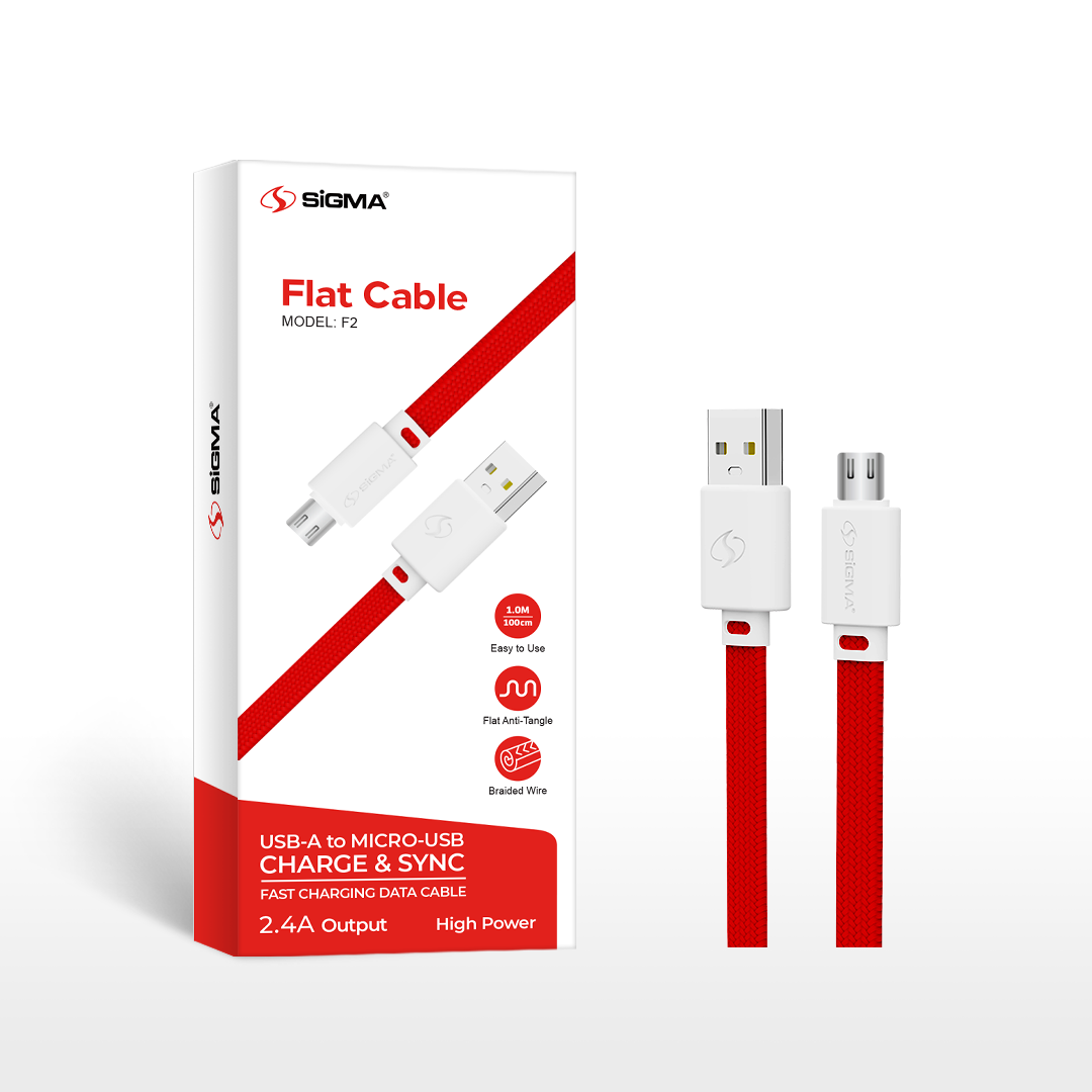 Sigma Flat Cable Model F2 USB-A to Micro-USB charging and sync cable shown next to its white and red retail packaging box on a clean white background.