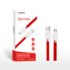 Sigma Flat Cable Model F2 USB-A to Micro-USB charging and sync cable shown next to its white and red retail packaging box on a clean white background.