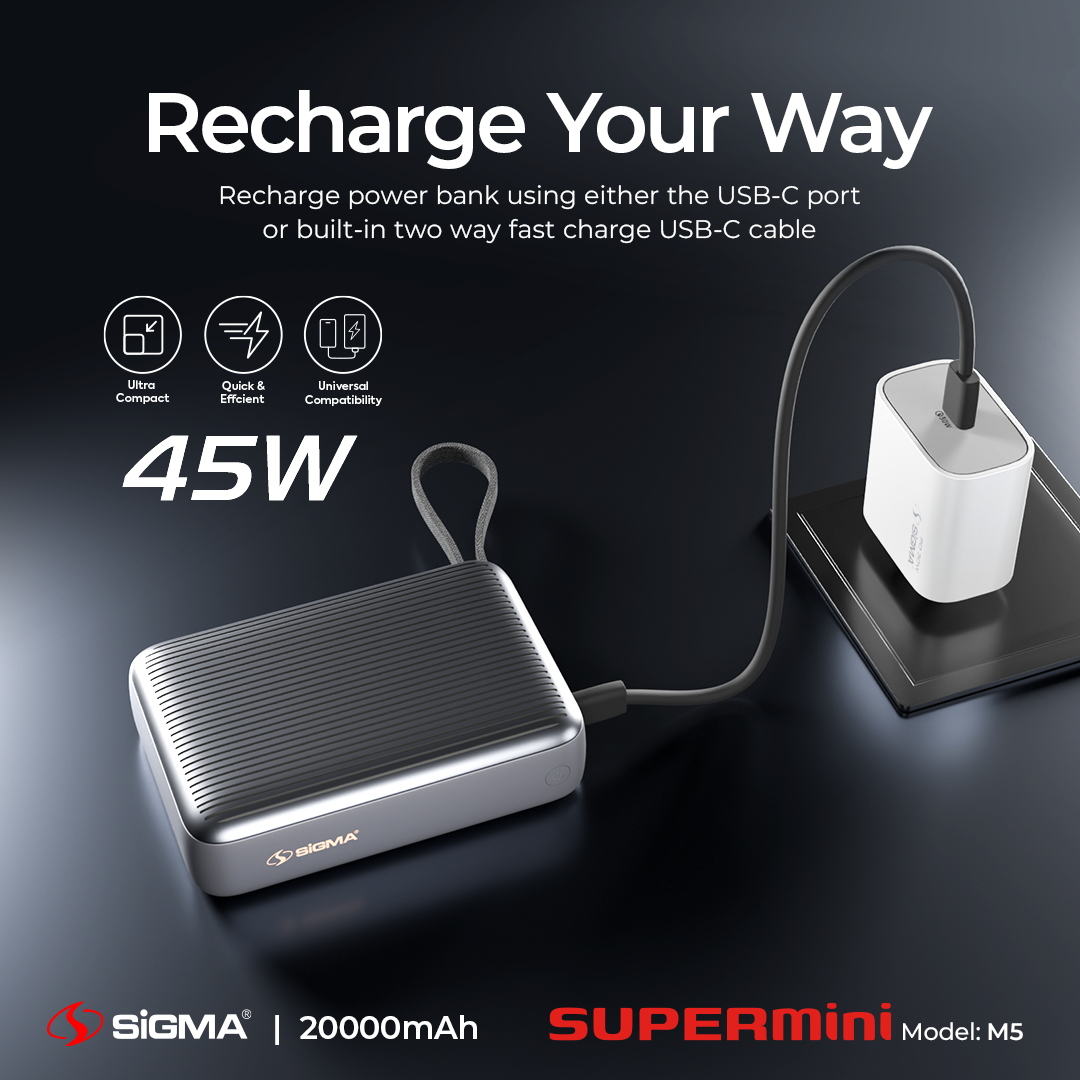 Sigma M5 Portable Power Bank – Built-in Type-C Cable with LED Display 45W