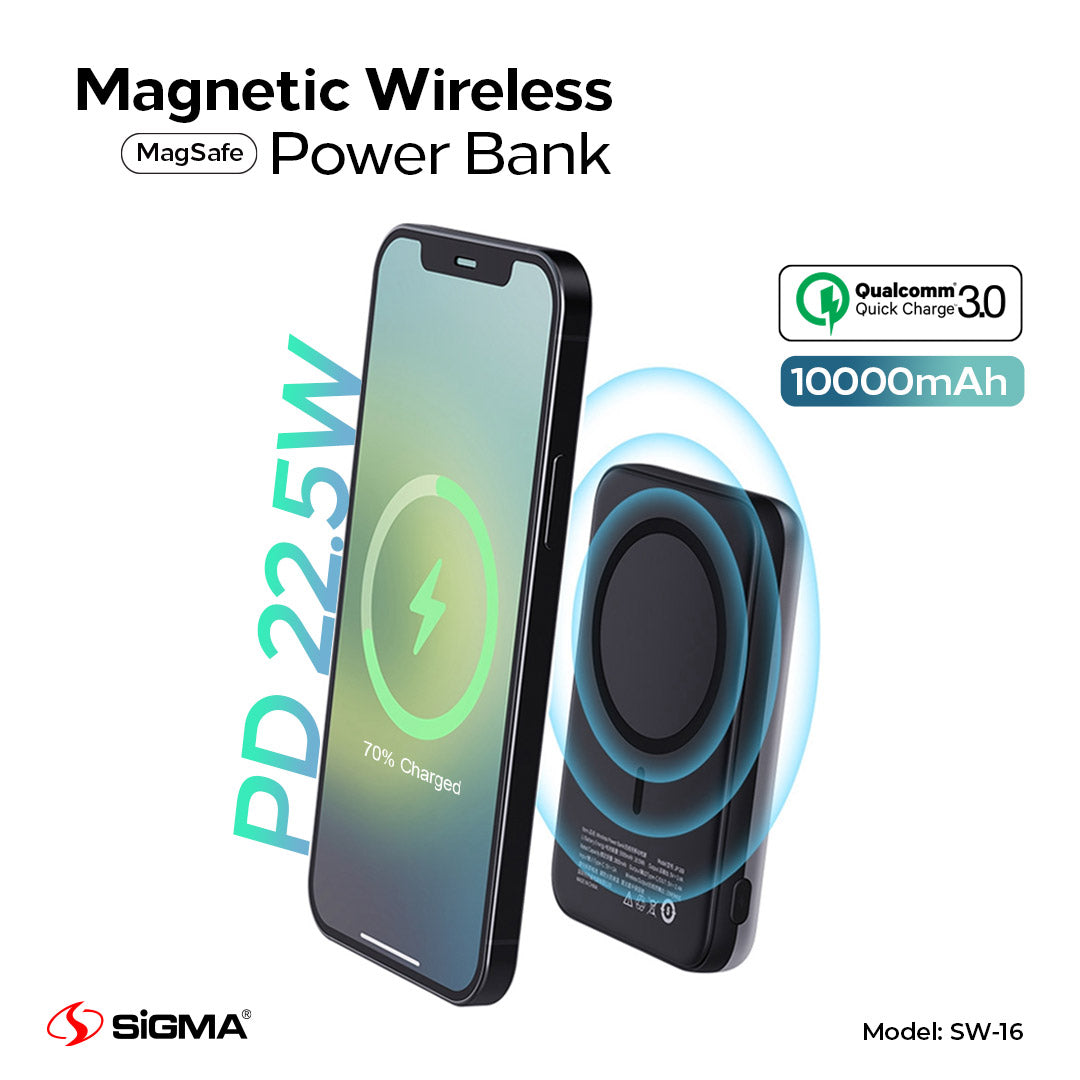 Sigma Wireless Power Bank 10000mAh SW-16 MagSafe | Magnetic Charging for iPhone and android