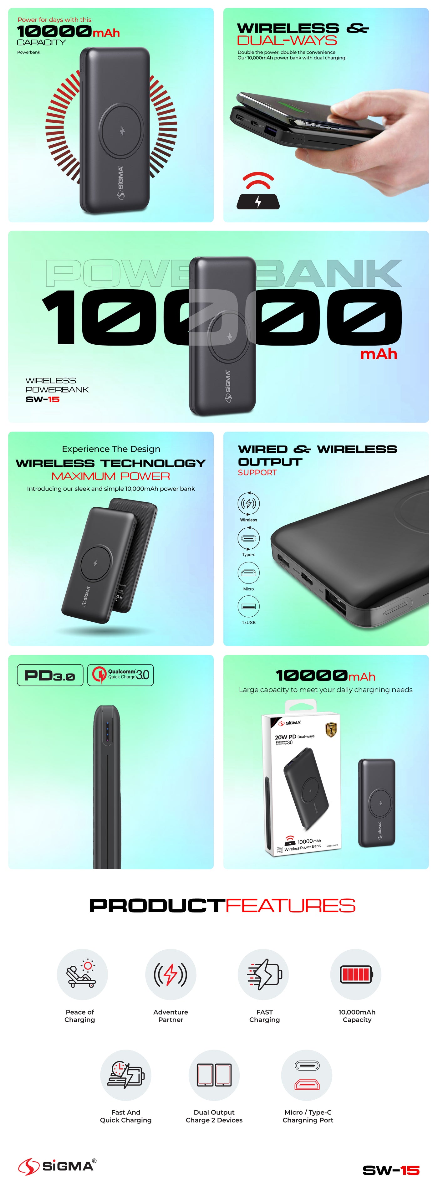 Sigma Wireless Power Bank 10000mAh SW-15
