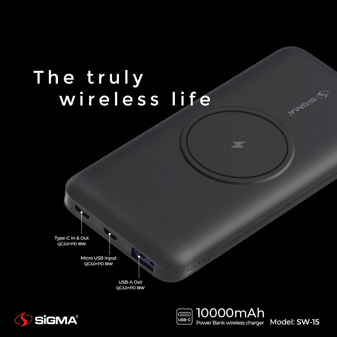 Sigma Wireless Power Bank 10000mAh SW-15 | Wireless & Fast Charging for iPhone & Android