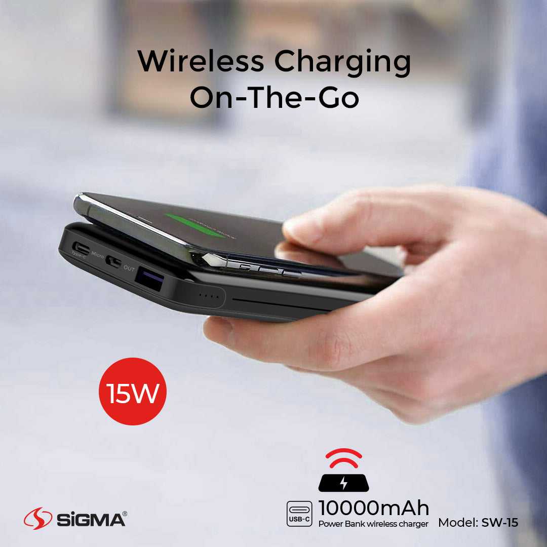 Sigma Wireless Power Bank 10000mAh SW-15 | Wireless & Fast Charging for iPhone & Android