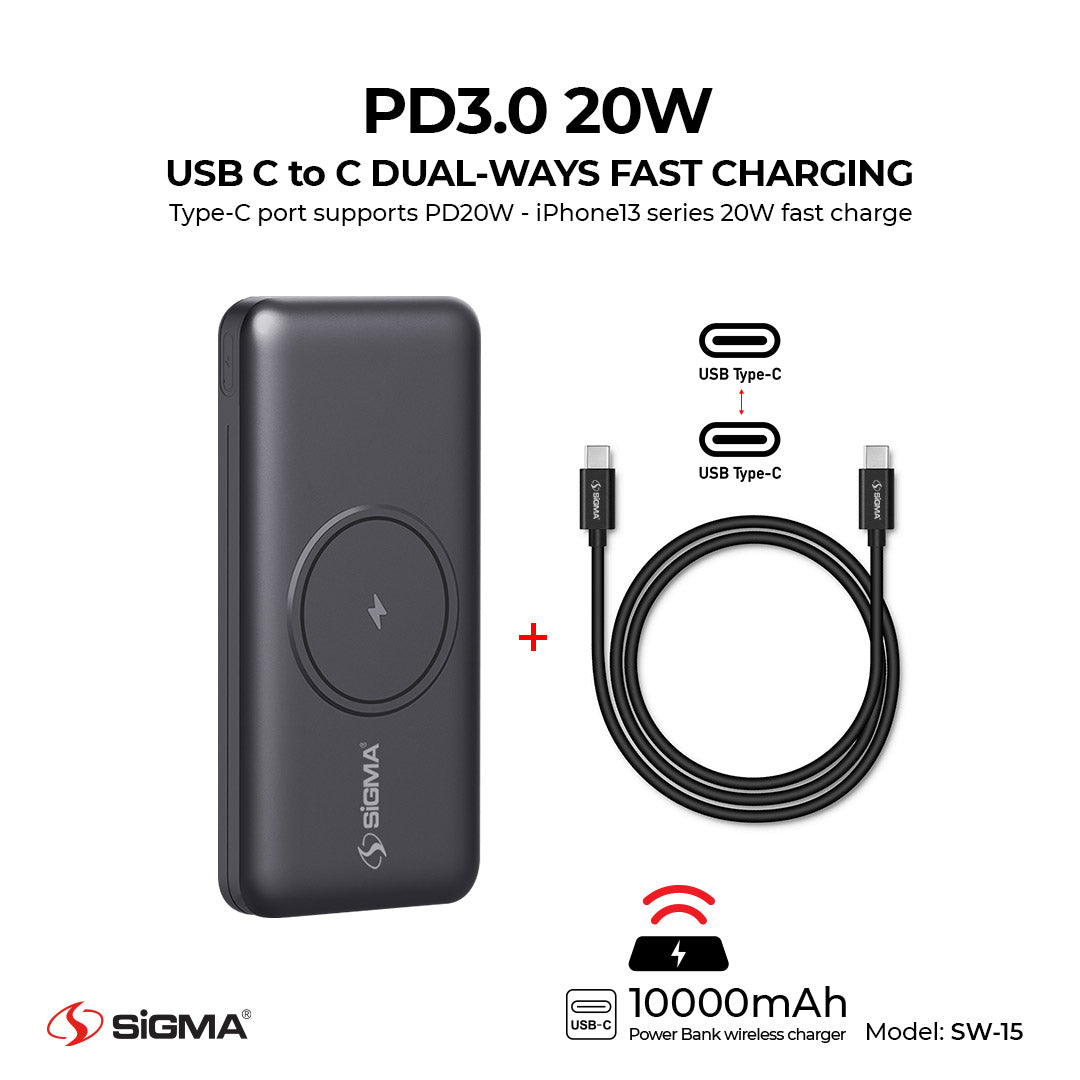 Sigma Wireless Power Bank 10000mAh SW-15 | Wireless & Fast Charging for iPhone & Android