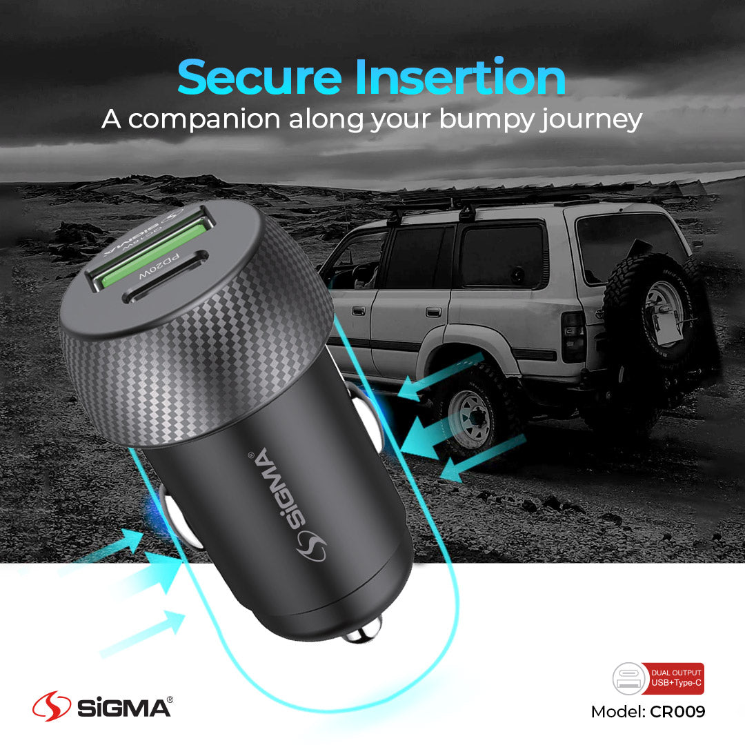 Sigma CR009 QC3.0 PD20W Dual USB Car Charger with Type-C Cable