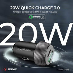 Sigma CR009 QC3.0 PD 20W Dual USB Car Charger