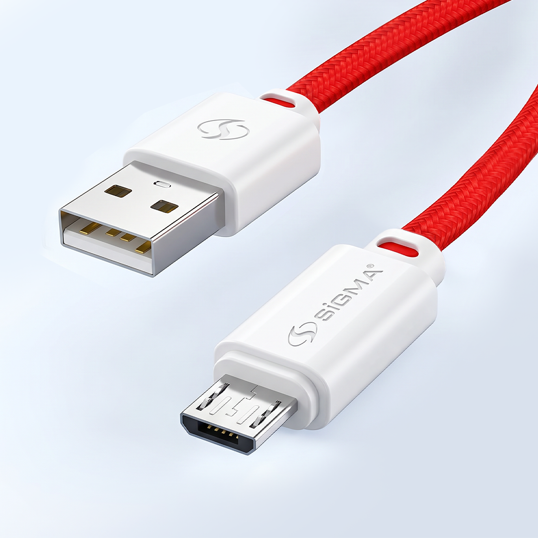 A red braided USB-A to Micro-USB charging cable with white connectors, featuring the SIGMA brand logo, shown on a light blue gradient background.