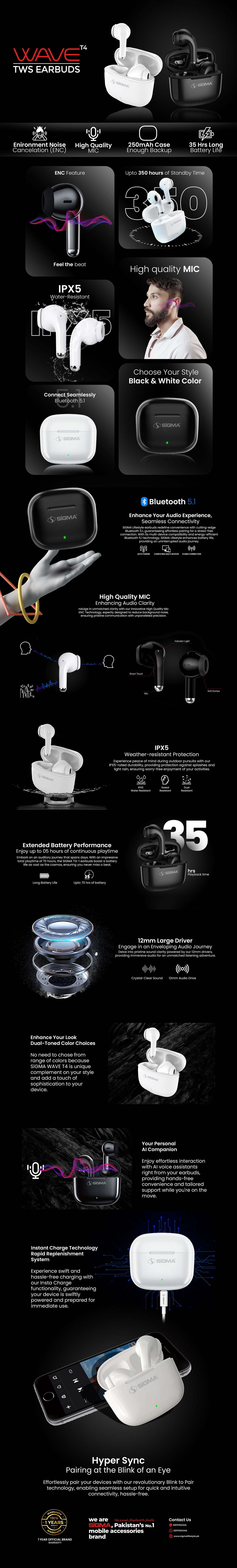 SiGMA Wireless Earbuds Wave t4 TWS