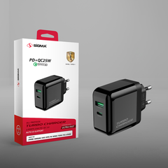 Sigma Turbo-1 PD+QC Fast Charger 25W – Dual Port (USB-A & Type-C) Wall Charger